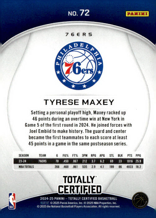 2024-25 Panini Totally Certified #72 Tyrese Maxey