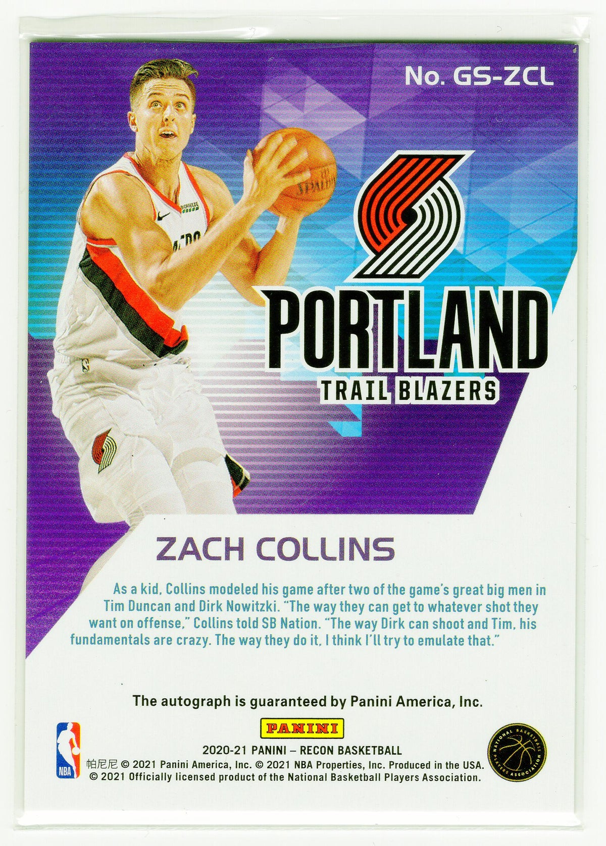 2020-21 Panini Recon #GS-ZCL Zach Collins Glorified Signatures