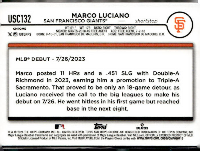 2024 Topps Chrome Update #USC132 Marco Luciano Magenta Refractors #/399