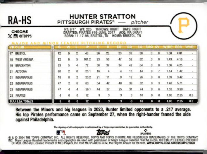 2024 Hunter Stratton Rookie Autographs Purple Speckle Refractor #/299