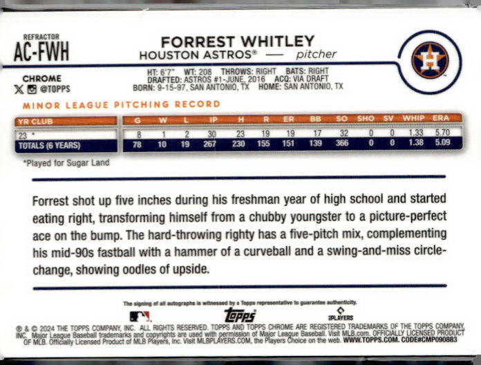 2024 Topps Chrome Update #AC-FWH Forrest Whitley Autographs Refractors #/499