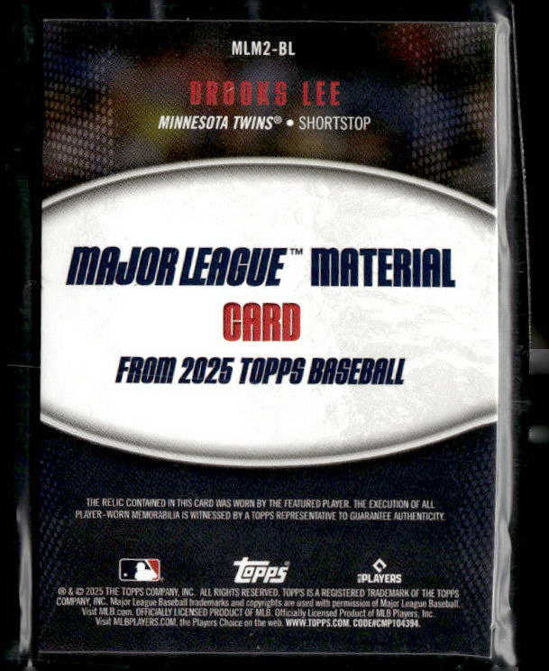 2025 Topps #MLM2-BL Brooks Lee Major League Material Relics (Series Two)