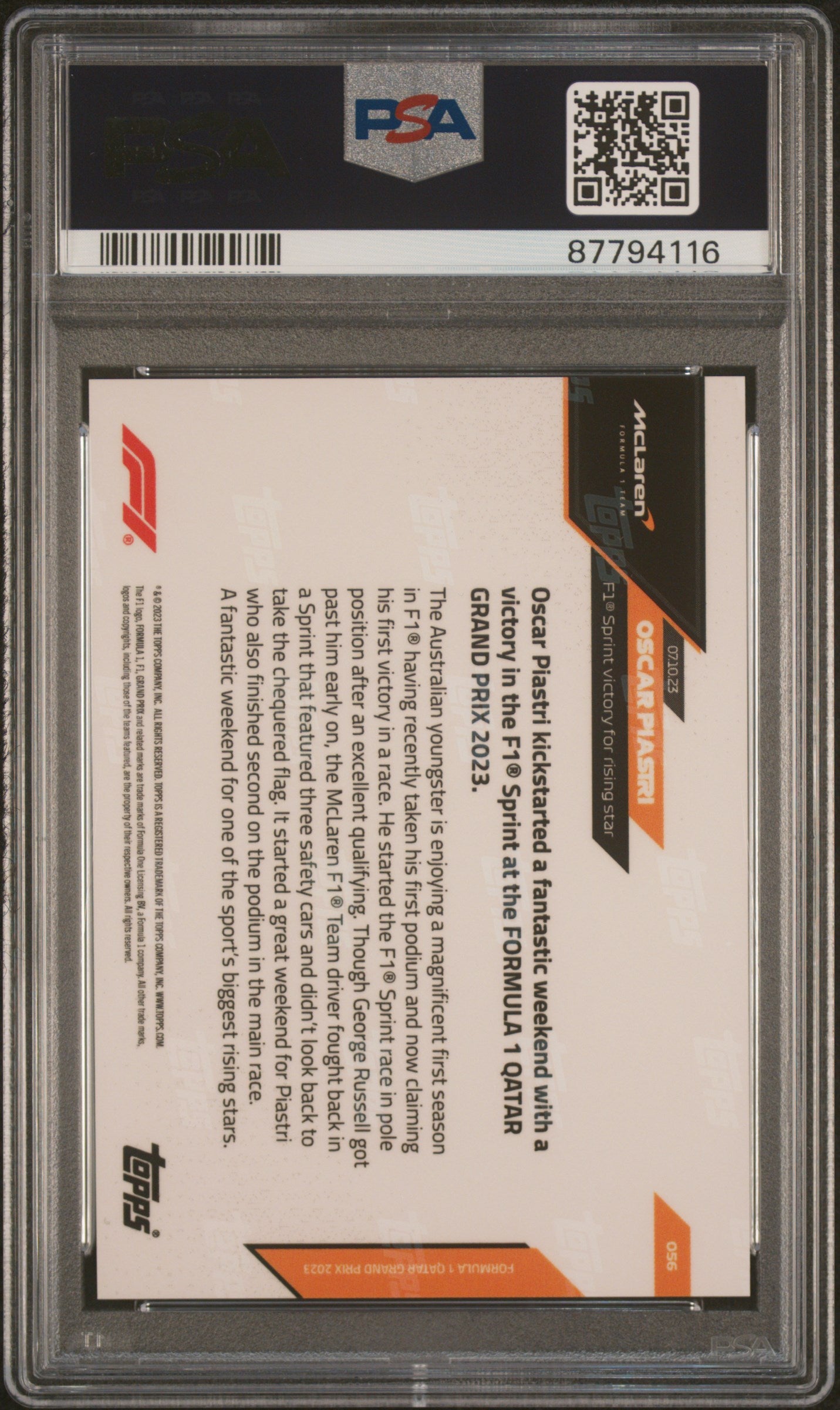 2023 Topps Now Formula 1 #56 Oscar Piastri PSA 10 GEM MT