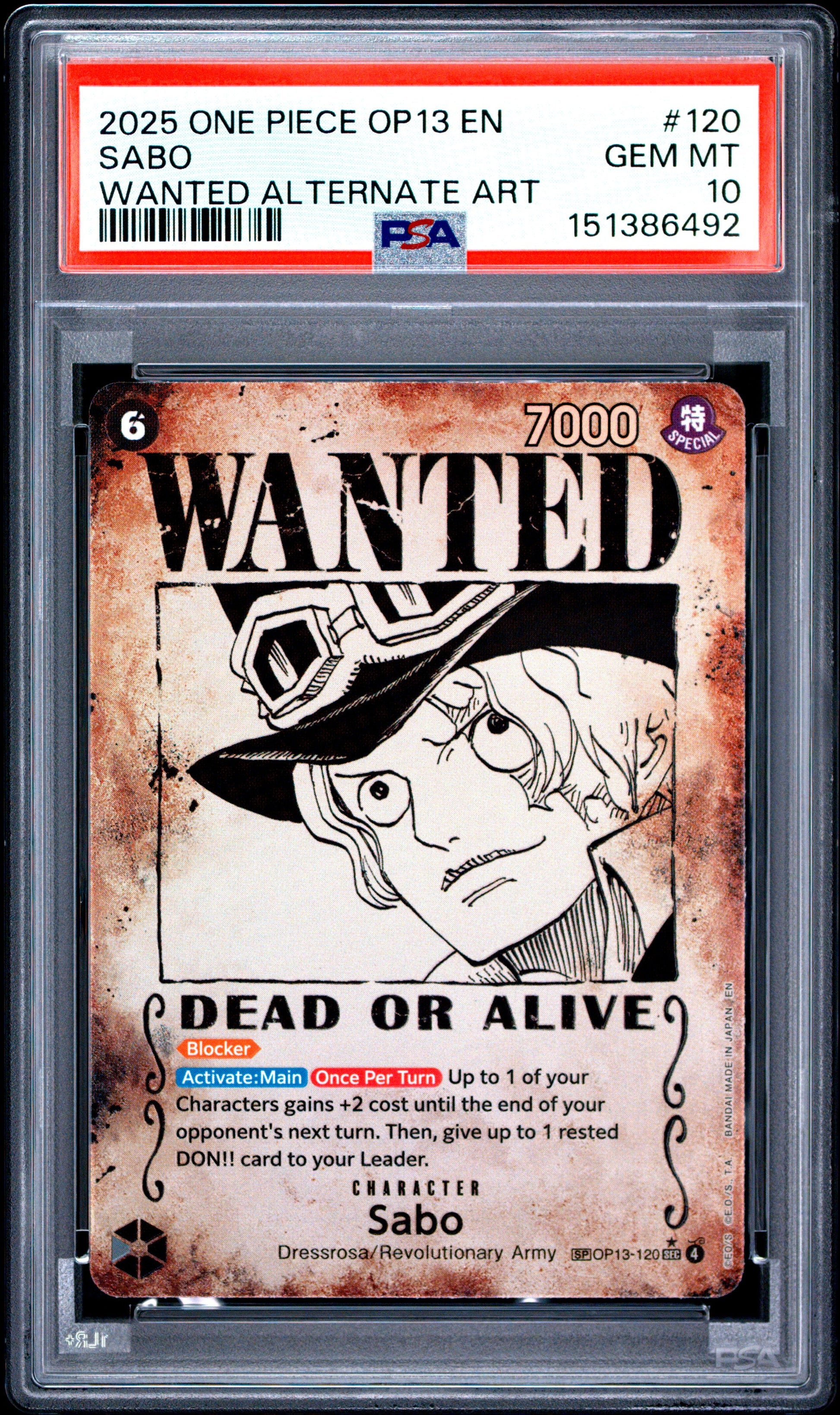 Sabo Wanted Alternate Art PSA 10 - Front