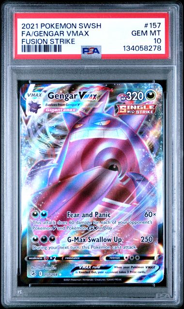 PSA 10 Gengar VMAX (Full Art) 157/264 Fusion Strike - Cert #134058278 front