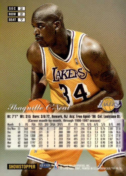 Shaquille O'Neal 1997-98 Fleer Clair Showcase Showstopper #34 Lakers