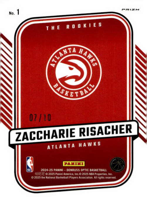 Zaccharie Risacher 2024-25 Panini Donruss Optic Basketball The Rookies #1 Gold Prizm 07/10 - Atlanta Hawks