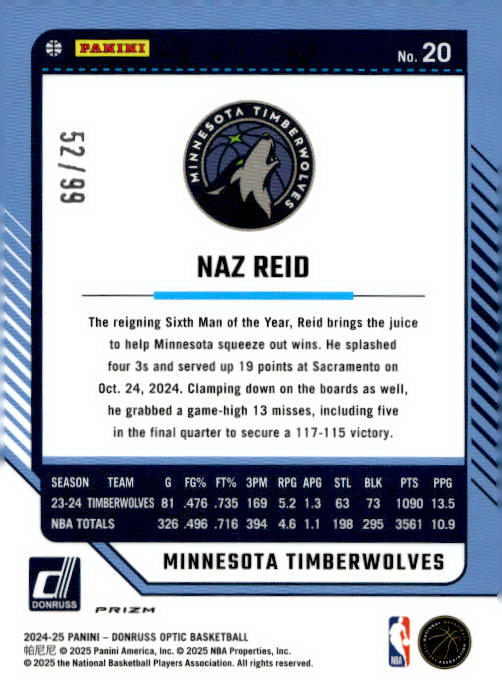 Naz Reid 2024-25 Panini Donruss Optic Basketball #20 Gold Prizm 52/99 - Minnesota Timberwolves