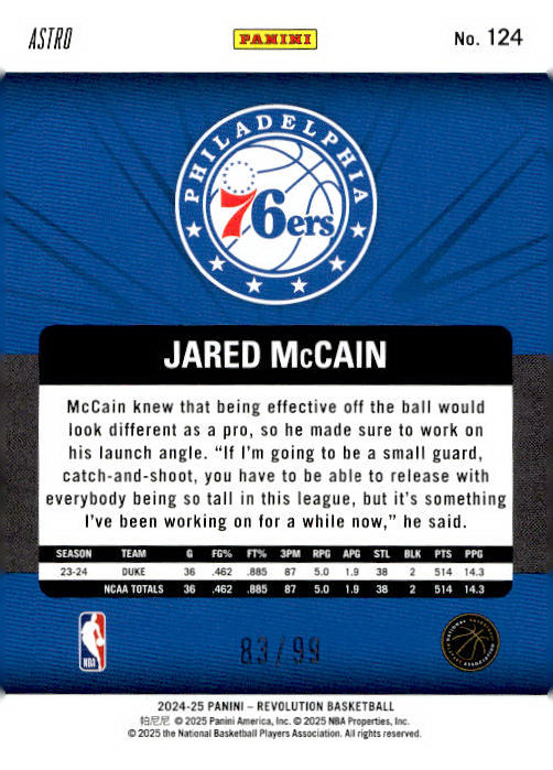 Jared McCain 2024-25 Panini Revolution Basketball Astro #124 /99 RC - Philadelphia 76ers
