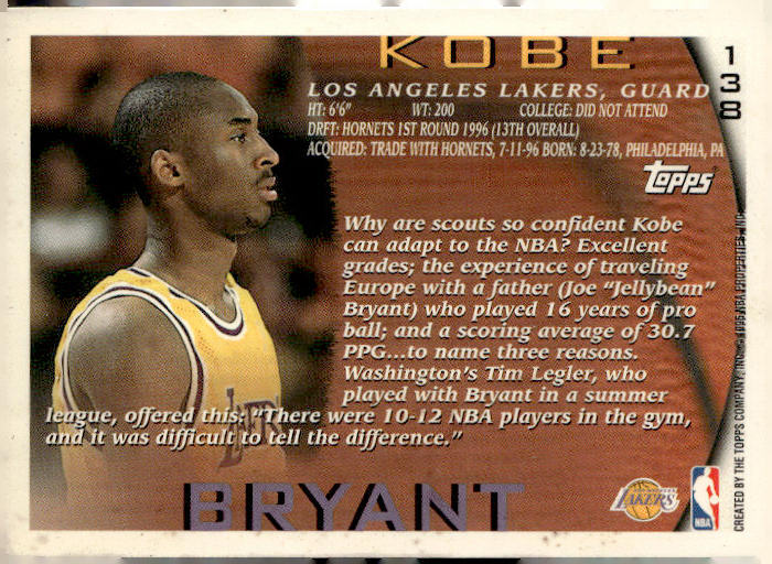 Kobe Bryant - 1996-97 Topps Rookie Card No. 138