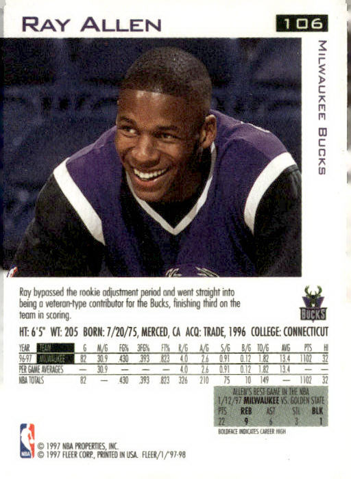 Ray Allen - 1997-98 Fleer All-Rookie Card No. 106