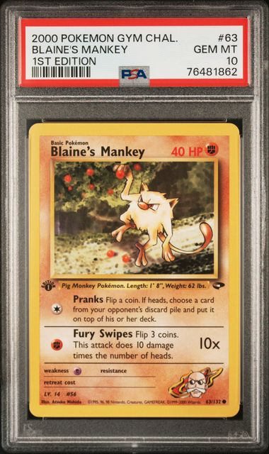 PSA 10 2000 POKEMON GYM CHALLENGE #63 BLAINE'S MANKEY 1ST EDITION