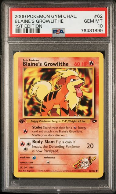 PSA 10 2000 POKEMON GYM CHALLENGE #62 BLAINE'S GROWLITHE 1ST EDITION