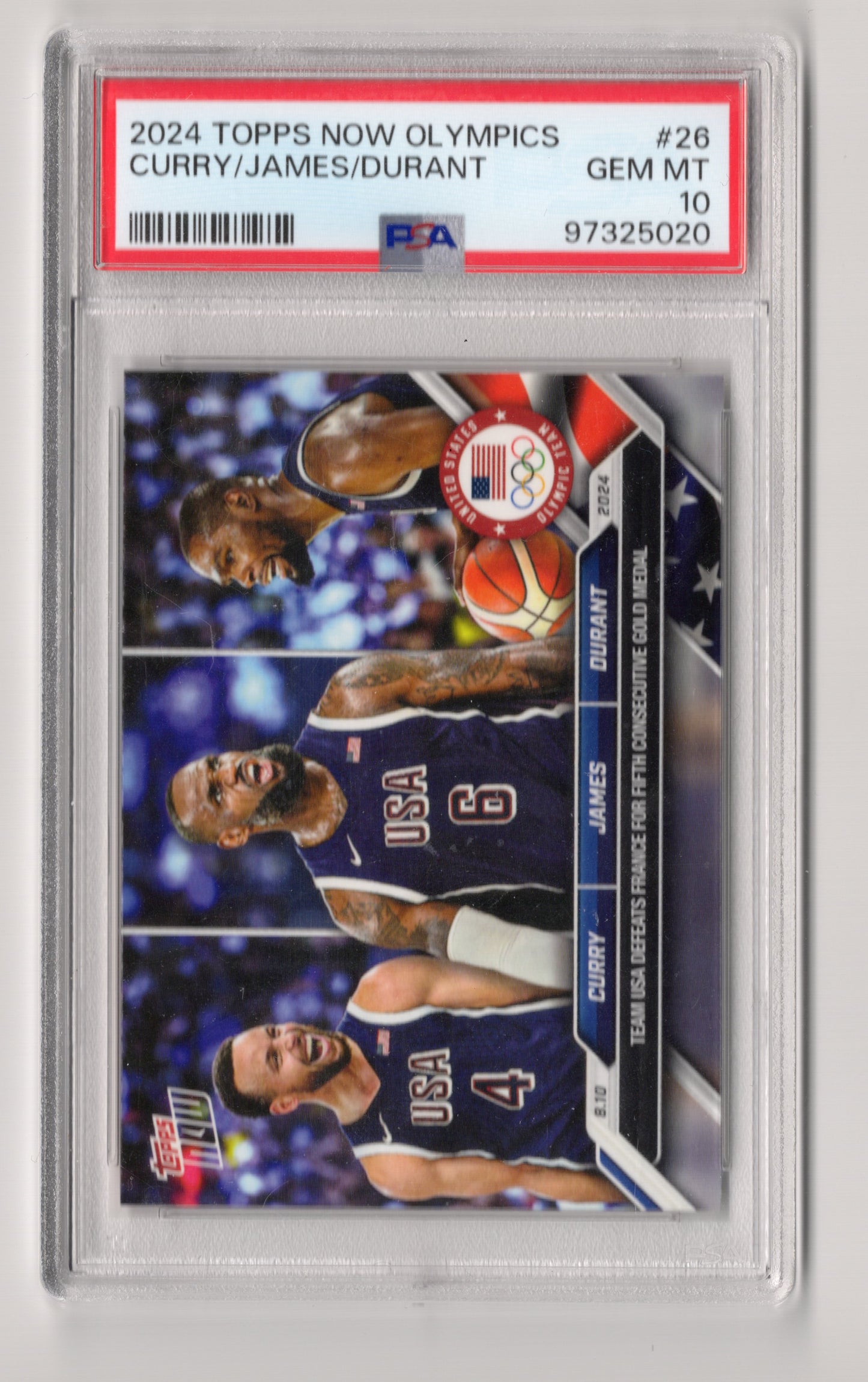 2024 Topps Now Olympics #26 Curry/James/Durant PSA 10 GEM MT - Front