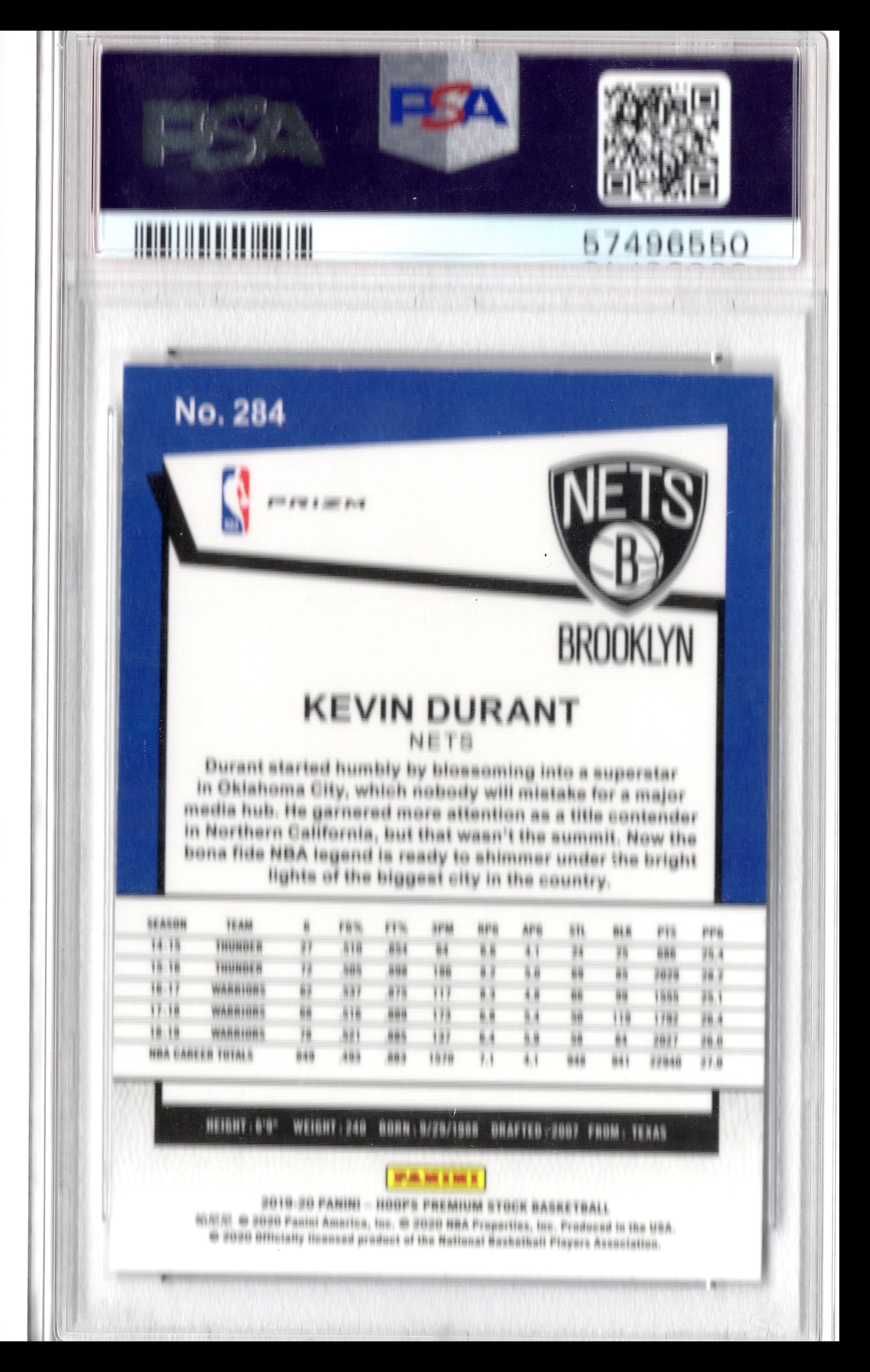 2019-20 Hoops Premium Stock Kevin Durant Silver Prizm #284 PSA 9 - Front
