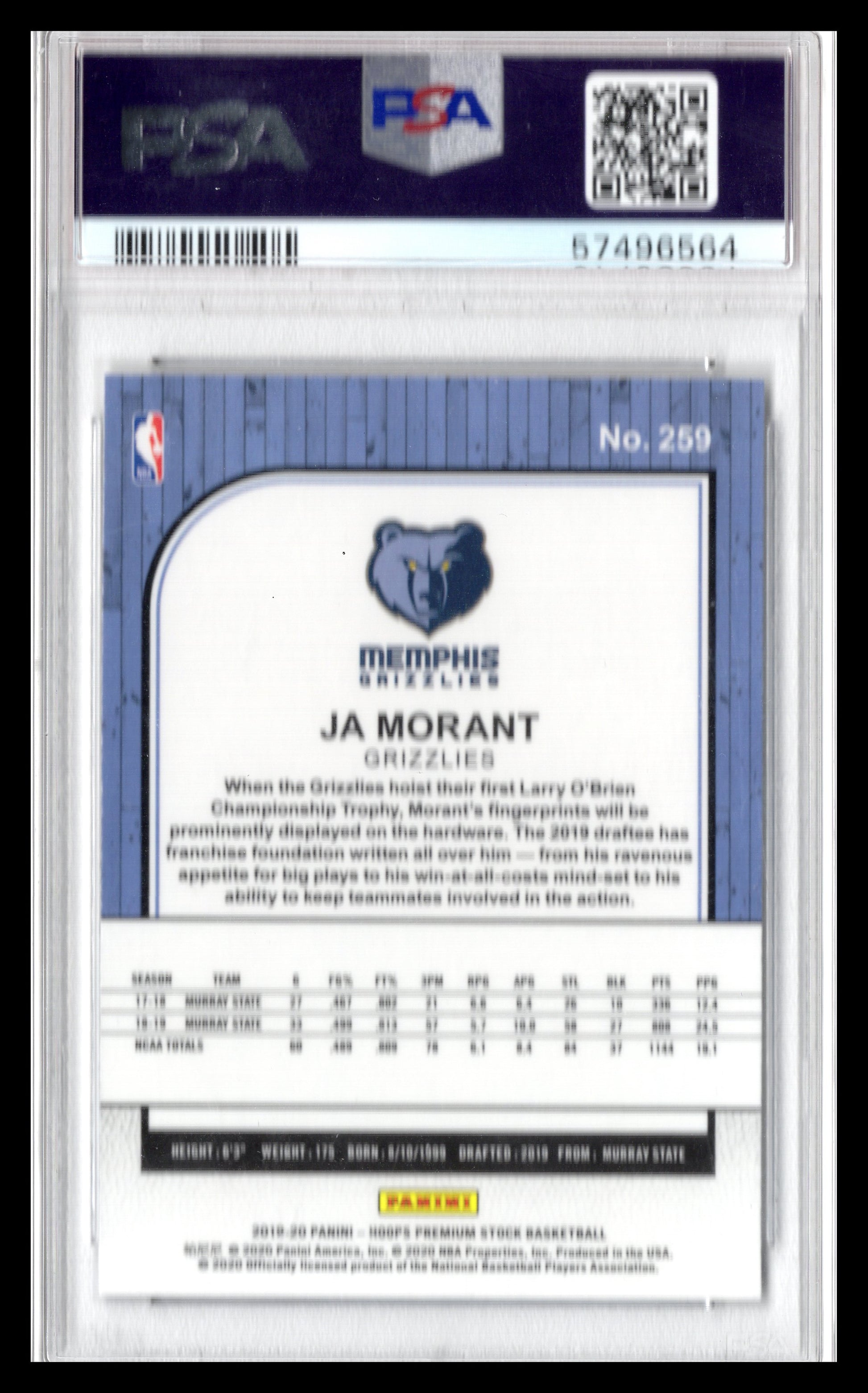 2019-20 Hoops Premium Stock Ja Morant RC #259 PSA 9 - Front